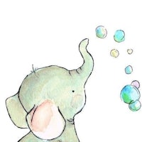 a watercolor illustration of an elephant blowing soap bubbles